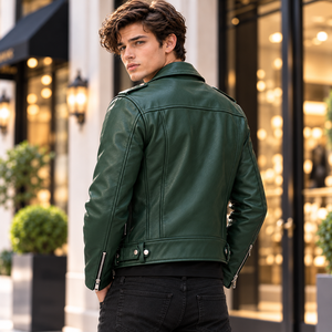Chaqueta de Motociclista de Cuero Verde para Hombre, Chaqueta de Motociclista de Cuero Vacuno Genuino, Corte Ajustado, Estilo Vintage Punk Rock, con Cierre - Product Image 2