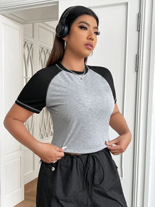 Top corto acanalado de algodón para mujer, camiseta para bebé, croptop transpirable con costura de contraste de logotipo personalizado para ropa de verano - Product Image 3