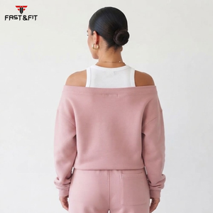 เสื้อสเวตเชิ้ตผ้าโพลีเอสเตอร์ผสมคอตตอนเนื้อนุ่มพิเศษสำหรับผู้หญิง พิมพ์โลโก้ได้ ไม่ยับ ระบายอากาศดี สีพื้น แบบเปิดไหล่ - Product Image 3