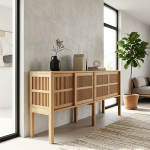 Modern Solid Wood Slatted <b>Sideboard</b> Cabinet Elegant <b>Storage</b> Furniture For Rustic Contemporary Living Room And Dining Room Decors - Product Image 5