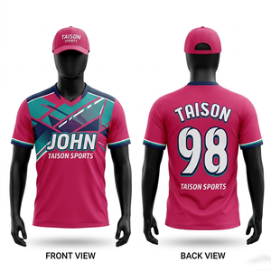 Maillot de cricket pour homme en maille polyester premium 160 GSM, respirant, avec empiècements rose et turquoise, impression par sublimation et broderie personnalisées - Product Image 1