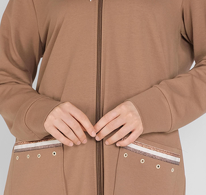 Conjuntos de chándales modestos islámicos étnicos al por mayor para mujer, transpirables, largos, con cremallera completa, estilo árabe, con capucha y 2 bolsillos - Product Image 2