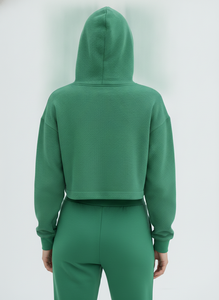 <b>Women's</b> Green Cropped Hoodie With Front Logo Print Regular Sleeve Knitted Sweatshirt Autumn Casual Wear - Product Image 3