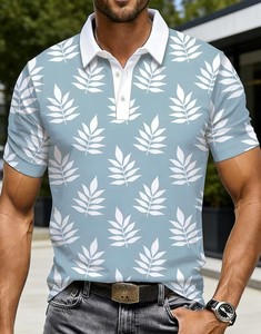 Men's Light Blue White Leaf Print Short Sleeve Polo Shirt Casual Breathable Cotton Oxford Fabric Digital Printed Regular Fit - Product Image 1