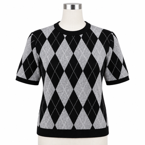 Damen Viskose Kurzarm Argyle Jacquard Strickpullover Rundhals Strukturierter Pullover Lässige Mode Strickwaren Rautenmuster Oberteil - Product Image 2