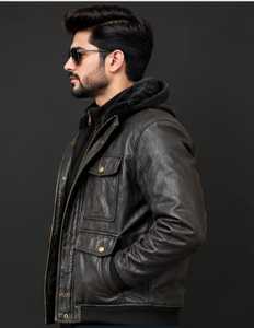 <b>Men's</b> <b>Leather</b> <b>Jacket</b> With <b>Faux</b> Fur Collar Zipper Closure - Product Image 5