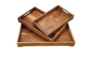 Acacia Wood <b>Rustic</b> Rectangle Serving Tray with Carved Storage Organizer for Kitchen and Living Room - Product Image 3