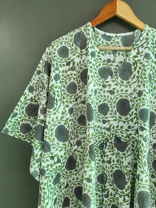 Women’s <b>Boho</b> V-Neck Floral Leaf Hand Print Kaftan <b>Dress</b> Olive Green Cotton Loose Fit <b>Summer</b> Beach <b>Dress</b> - Product Image 5