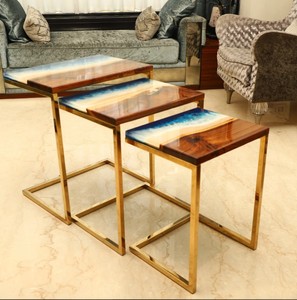 Wood Steel <b>Nesting</b> <b>Table</b> Set of 3 Handcrafted Resin River Top Stainless Steel Stand Modern Side Coffee <b>Tables</b> Home Decor - Product Image 2