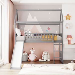 Letto a soppalco singolo bianco con scivolo, letto a casetta per bambini con scivoli (Vecchio SKU LT000212AAE) - Product Image 2