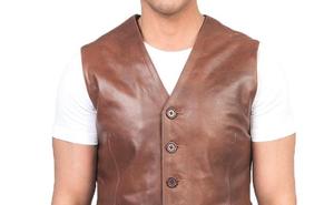Chaleco de Cuero Marrón al por Mayor con Cierre de Botones, Estilo Clásico, Chaqueta sin Mangas, Chaleco de Cuero Genuino Elegante e Informal - Product Image 3