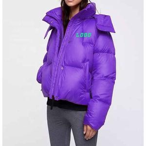 Chaqueta Acolchada Azul para Mujer, Chaqueta Corta de Invierno con Capucha, Manga Larga, Cierre de Cremallera Frontal con Logotipo - Product Image 6