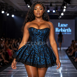 Vestido Corsé Gótico de Satén Azul Medianoche para Mujer |   Minivestido bustier sin tirantes de satén con superposición de encaje - Product Image 2