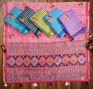 Sari en soie et lin Kanika avec bordure dorée, coupe 6,30 m, pour fêtes et occasions traditionnelles, drapé ethnique, avec chemisier assorti non cousu - Product Image 6
