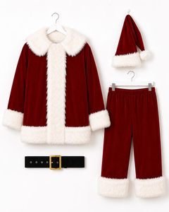 Costume de Père Noël en velours rouge avec bordure en fourrure blanche, chapeau et barbe, pour homme adulte, accessoires de fête de Noël, prix bas, vente en gros - Product Image 1