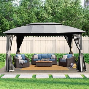 Carpa de Jardín de 10x14 Pies con Doble Techo, Estructura Metálica Resistente, Cortinas de Privacidad y Mosquiteras, Gazebo y Pérgola - Product Image 1