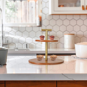2-Tier Mango Wood And Metal Cake Stand, Cupcake And <b>Dessert</b> Stand, Tea Party Pastry Serving Platter In Gift <b>Box</b> - Product Image 6