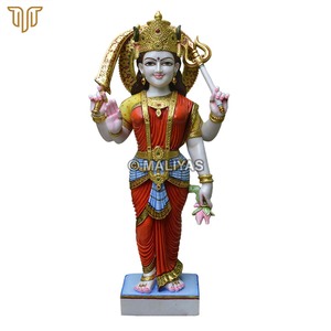 Santoshi Maa Murti en marbre sur socle avec lotus |   Idole de Santoshi Mata à quatre bras et statue en marbre artisanale |   MALIYAS Jaipur - Product Image 2