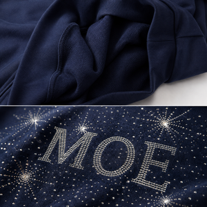 Sudadera con capucha de algodón polar azul marino con hombros descubiertos y pedrería para mujer, con bolsillo canguro, de marca personalizada, fabricante mayorista - Product Image 4