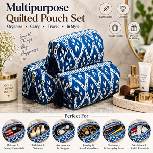 Ensemble de trousses de toilette en coton matelassé faites à la main |   Trousse de toilette de voyage bleue et blanche |   Pochette à maquillage et accessoires faite à la main |   Sac de toilette à fermeture éclair - Product Image 1