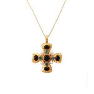 Black Onyx Gold Plated Cross Pendant <b>Necklace</b> with Swiss Blue Topaz and Pearl <b>Statement</b> Gemstone Jewelry - Product Image 2