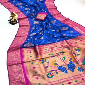 VASTRA COTTAGE Sari de Seda Paithani Suave Premium con Pallu Tejido de Zari Rico, Borde de Zari por Toda la Prenda y Blusa a Juego - Product Image 1