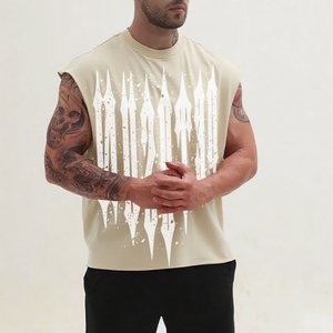 Custom <b>Men</b> <b>Cropped</b> Sleeveless Tank <b>Top</b> Spandex/Cotton Gym Sports Acid Washed Stringer Discharge Printing Breathable Quick Dry - Product Image 2