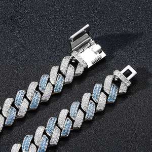 Blue Iced Out Cuban Link Silver Chain Rhodium Plated Round Brilliant Cut Moissanite Micro Insert Hip Hop Unisex Wedding <b>Bracelet</b> - Product Image 2