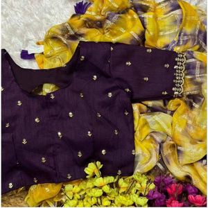 DESIGNER VISCOSE GEORGETTE CHEX WITH SABURI WORK SAREE WITH UNSTITCHED <b>BLOUSE</b> YELLOW - Product Image 1