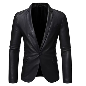 Men Black <b>Leather</b> <b>Blazer</b> Single Breasted Notched Collar Regular Fit Full Length Sleeve Formal Style <b>Jacket</b> - Product Image 1