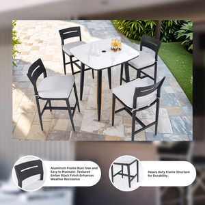 Modernos taburetes de bar de 2 piezas para patio exterior, de aluminio con respaldo ergonómico Sunbrella negro, patas cónicas y reposapiés - Product Image 4
