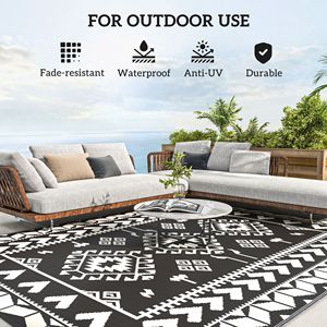Tappeto da Esterno Reversibile 8FT X 10FT Impermeabile Bianco e Nero con Motivo a Rombi e Borsa per il Trasporto in Materiale Plastico Effetto Paglia - Product Image 6