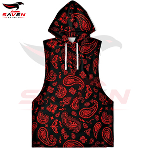 Black Red Outer Wear With Customized Logo Printed Breathable Soft Touch Material Unique Design Fitness Gym <b>Sleeveless</b> Hoodies - Product Image 6