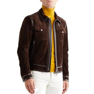 Brown <b>Suede</b> Motorcycle <b>Jacket</b> With Zipper Closure Turn-down Collar Full Sleeve Regular Fit Autumn Men's Outerwear - Product Image 1