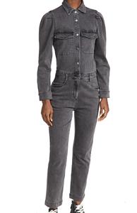 Women Denim Jumpsuit Full Sleeve Button Up Collar Solid Color Casual Long Length Breathable Midweight Cotton Spring Wear - Product Image 3