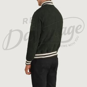 Chaqueta Varsity de Gamuza Verde Bosque Personalizada para Hombre, Chaqueta Bomber con Ribete Acanalado a Rayas, Chaqueta Deportiva de Cuero de Gamuza Premium de Corte Ajustado - Product Image 2