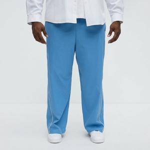 Men's Light Blue Elastic Waist Casual <b>Pants</b> With Side Stripe Breathable Polyester <b>Summer</b> Wear - Product Image 1