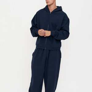 Sudadera con Capucha y Cierre de Cremallera para Hombre, Color Azul Marino, Talla Grande, 100% Algodón Tejido, Estilo Casual para Otoño - Product Image 1