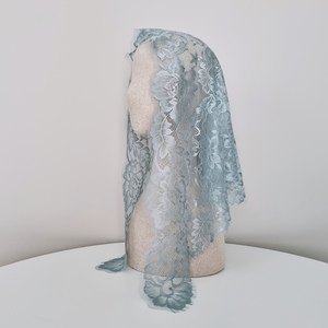 Voile de cérémonie catholique élégant en dentelle française bleu vert floral, mantille de qualité supérieure coréenne, cadeau pour femme - Product Image 4