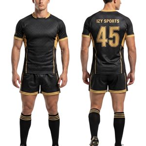 Tenues de rugby géométriques rouges en polyester respirant, maillot et short de club sportif, ensembles de tenues de rugby - Product Image 5