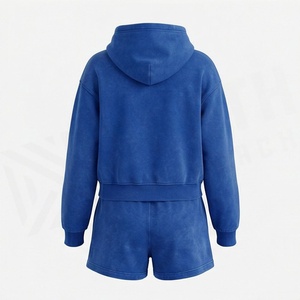 Ensemble sweat-shirt à capuche zippé et short orné de strass personnalisés pour femme, tenue décontractée en molleton bleu deux pièces - Product Image 2