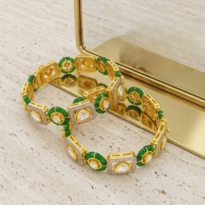 925 Silver Monzo Bangles Green <b>Stone</b> Crystal Designer Kada Set for Crystal Pear <b>Cut</b> Stones Women Wedding Jewelry - Product Image 6