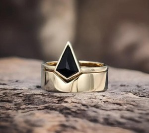 Black Onyx Ring Kite Shape Ring Set Of 2PCS 925 Sterling <b>Silver</b> 14K Gold Plated Wedding Engagement Ring - Product Image 2