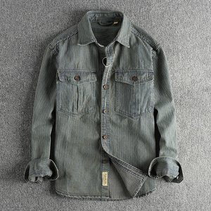 Camisa Informal de Moda para Hombre, Estilo Europeo y Estadounidense, Abrigo de Tela a Rayas, Lavado, Estilo Vintage, Cargo Denim Gris - Product Image 1