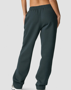Pantalon de survêtement en molleton vert foncé pour femme, taille mi-haute élastique, coupe ample, longueur intégrale, couleur unie, style décontracté automne - Product Image 2