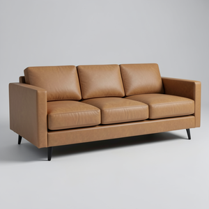 Sofá de Cuero Genuino de Estilo Moderno de Mediados de Siglo, Sofá de 3 Plazas en Cuero Marrón, Estructura de Madera Resistente para Muebles de Sala de Estar - Product Image 1