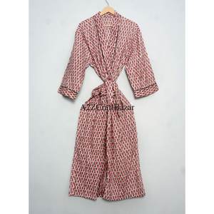 100% Cotton Woven Hand Block Printed Indian Floral Luxury Bath Wear Kimono Robe <b>Sleepwear</b> Nightgown for Summer - Product Image 2