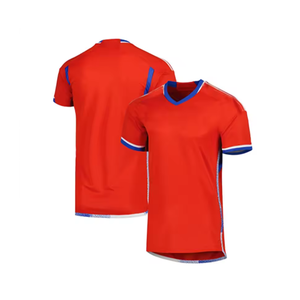 Maillot de sport sublimé personnalisé rouge bleu blanc avec bordure contrastée, col en V, manches courtes, t-shirt d'entraînement respirant et à séchage rapide, 100% polyester - Product Image 1