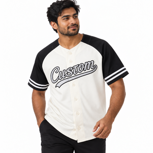 High Quality Custom Team Baseball Jersey Black White Raglan <b>Short</b> <b>Sleeve</b> <b>Button</b> <b>Up</b> Uniform <b>Shirt</b> Striped Cuffs Wholesale Supply - Product Image 2