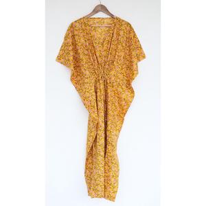 Ethnic Women's Floral Block Print Orange <b>Kaftan</b> Dress Loose Fit 100% Cotton Summer <b>beach</b> wear Holiday Long dress - Product Image 1